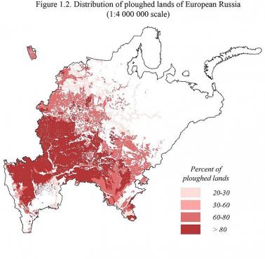 Udział gruntów uprawnych (ornych, rolnych) w europejskiej części Rosji