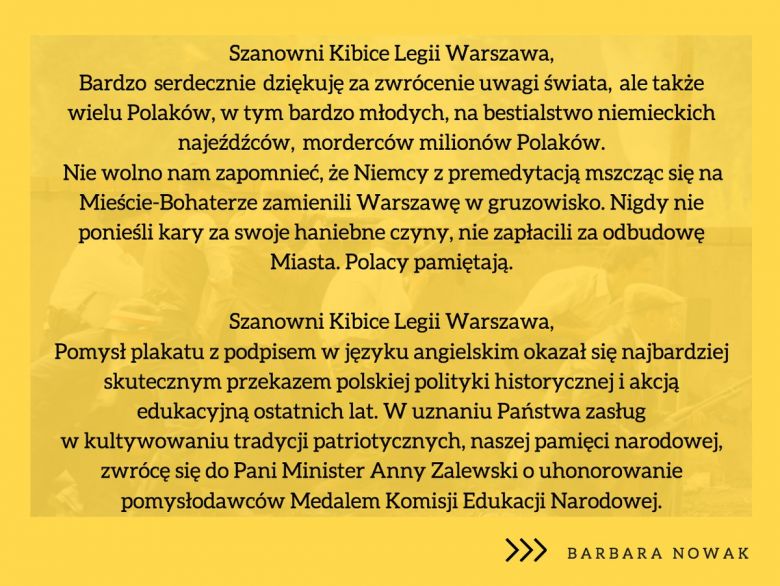 Małopolska Kurator Oświaty B.Nowak chce, aby kibice Legii otrzymali Medal Komisji Edukacji Narodowej