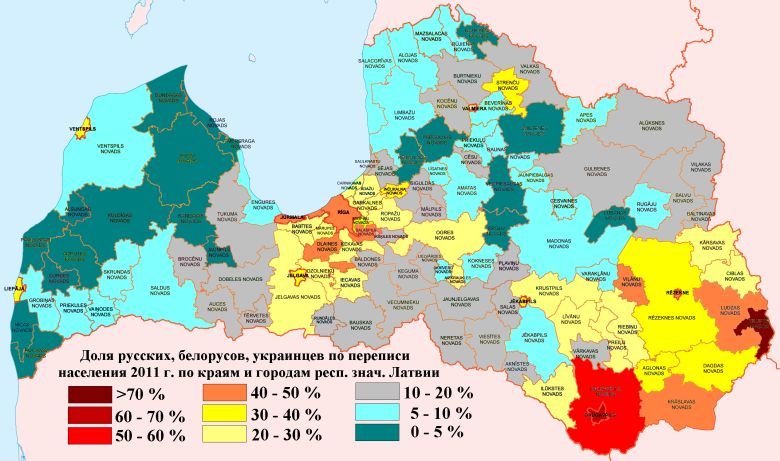 Udział Rosjan, Białorusinów i Ukraińców na Łotwie według spisu ludności w 2011 roku