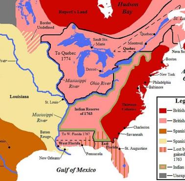 Mapa polityczna wschodniego wybrzeża Ameryki Północnej w latach 1762-1783