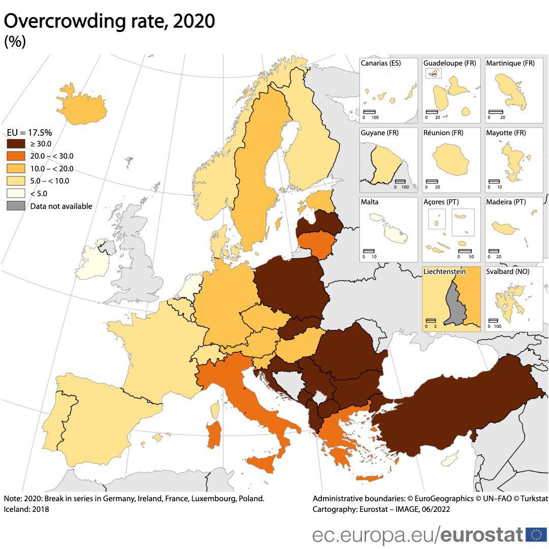 Wskaźnik osób żyjących w gospodarstwie domowym, w którym liczba izb jest mniejsza niż liczba osób, 2020