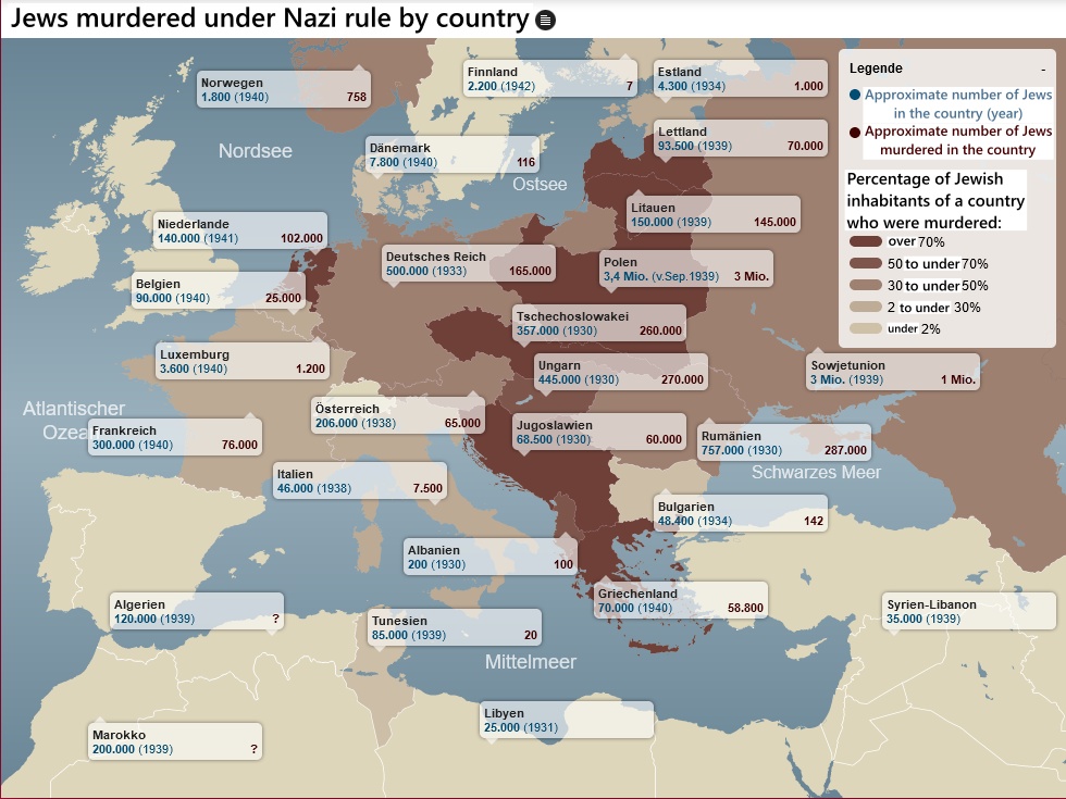 Żydzi zamordowani (holocaust) w okresie niemieckich nazistowskich rządów z podziałem na kraje