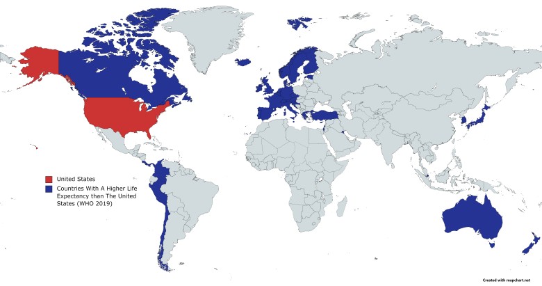 Spodziewana długość życia w Europie i USA. Gdzie żyje się dłużej niż w USA?, 2019, WHO