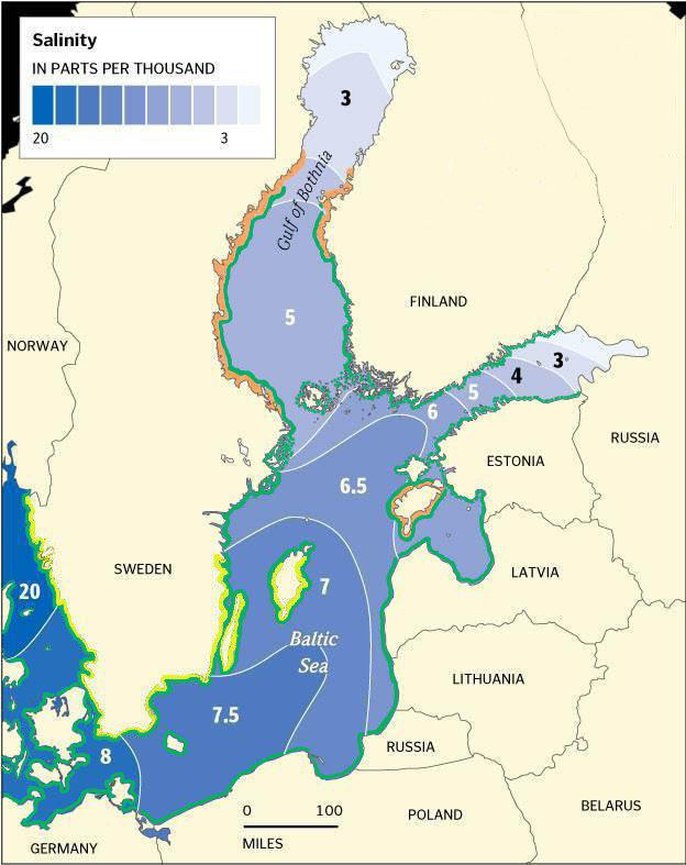 Mapa przedstawiająca procent zasolenia Morza Bałtyckiego