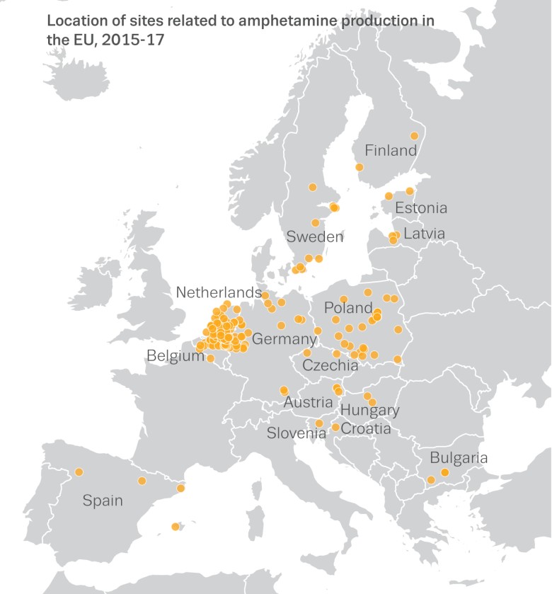 Miejsca związane z produkcją amfetaminy w Europie, 2015-17