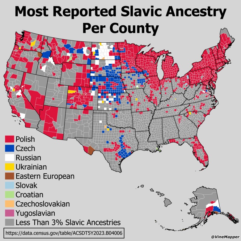 Najczęściej zgłaszane słowiańskie pochodzenie (Polacy, Rosjanie, Czesi ...) z podziałem na hrabstwa USA, 2023