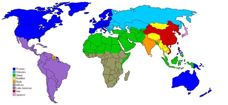 Mapa cywilizacji, oparta na publikacji Huntingtona „Zderzenie cywilizacji”