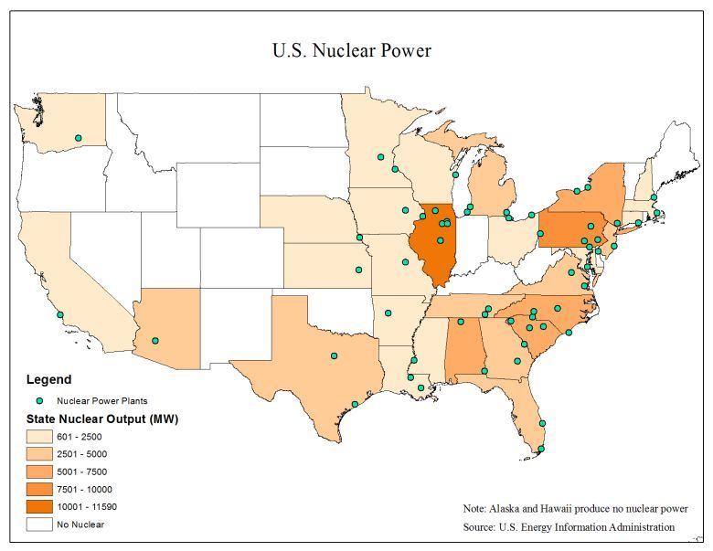 Udział produkcji energii elektrycznej z atomu w poszczególnych stanach USA