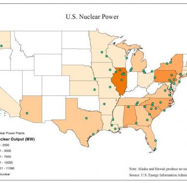Udział produkcji energii elektrycznej z atomu w poszczególnych stanach USA