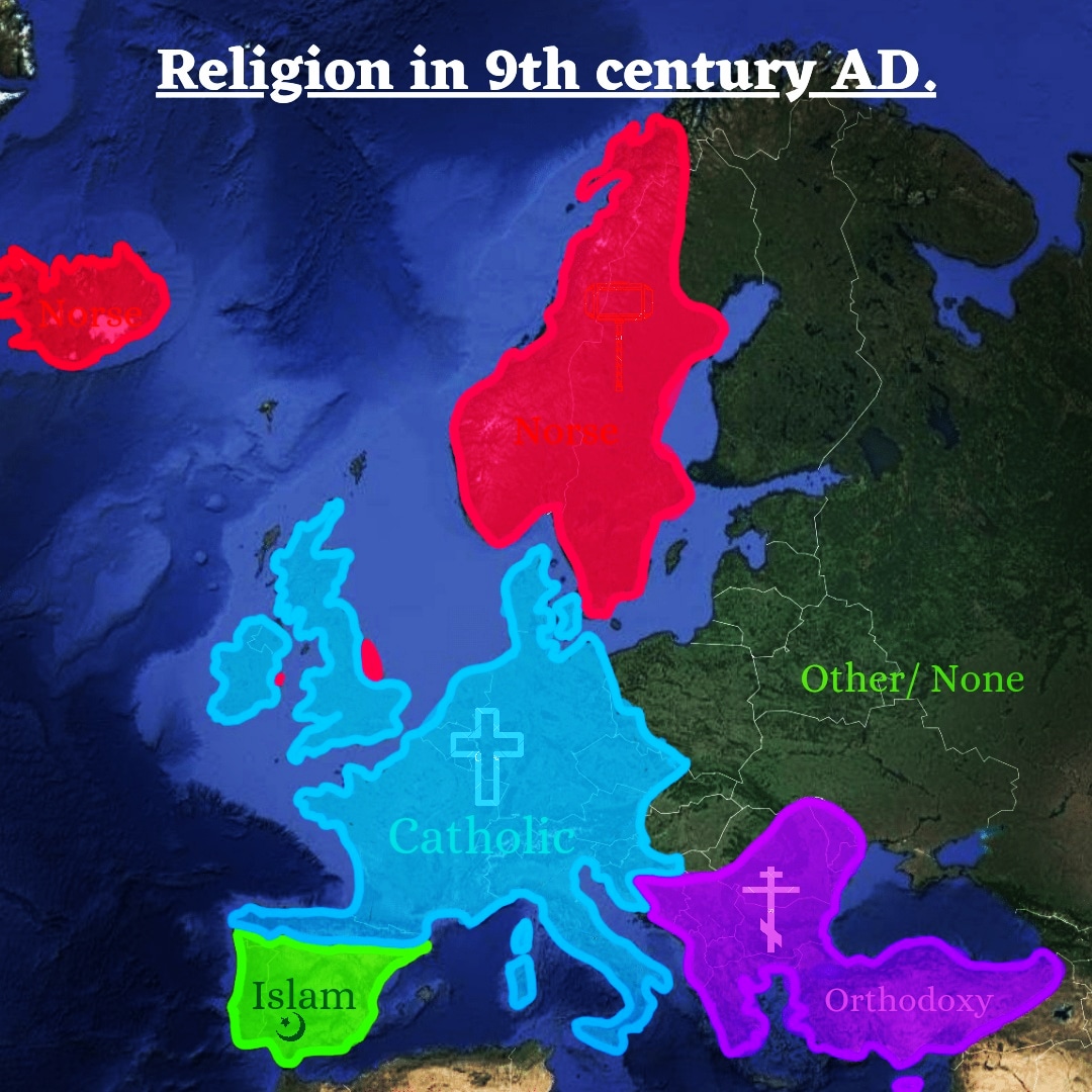 Dominujące religie w Europie w IX wieku n.e.