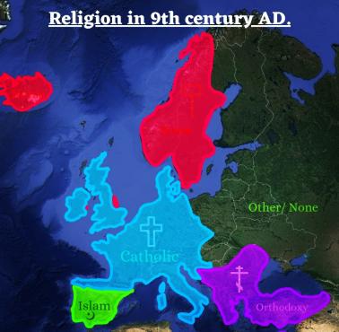 Dominujące religie w Europie w IX wieku n.e.