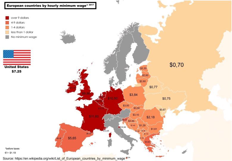 Minimalna stawka godzinowa w poszczególnych państwach Europy, 2017