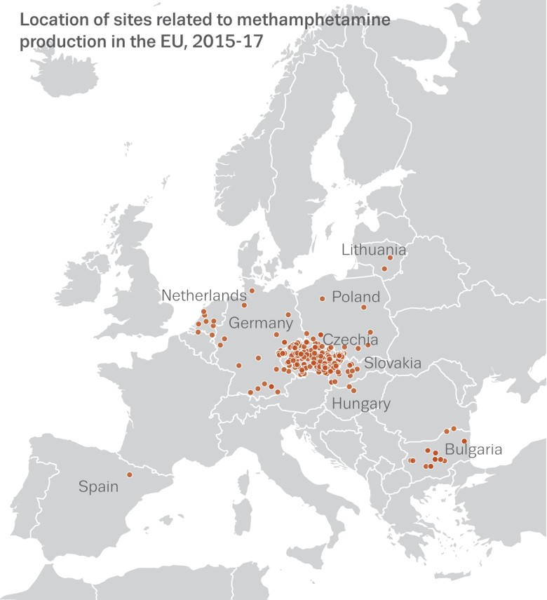 Miejsca związane z produkcją metamfetaminy w Europie, 2015-17