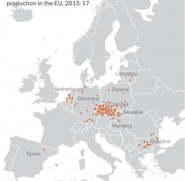 Miejsca związane z produkcją metamfetaminy w Europie, 2015-17