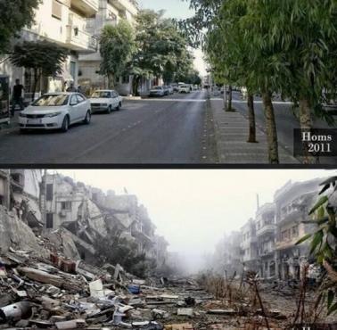 Dlaczego należy pomagać na miejscu. Ta sama ulica miasta Homs w zachodniej Syrii teraz i w 2011 roku