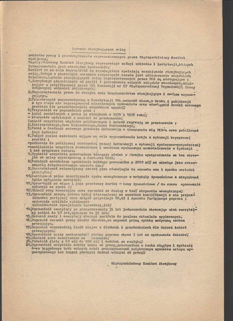 17 sierpnia 1980 Międzyzakładowy Komitet Strajkowy ogłosił listę 21 postulatów