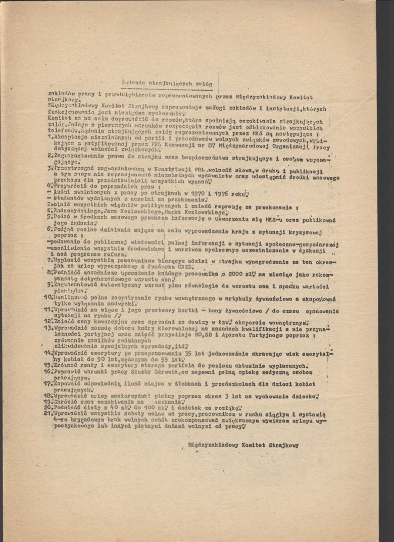 17 sierpnia 1980 Międzyzakładowy Komitet Strajkowy ogłosił listę 21 postulatów