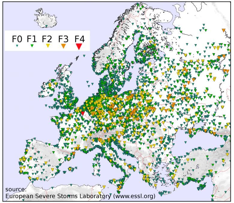 Obszary występowania tornad w Europie, 2000-2012