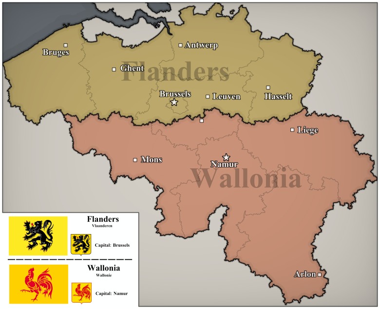 Podział Belgii na Walonię (francuskojęzyczną) i Flandrię (niderlandzkojęzyczną)