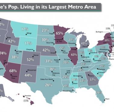 Odsetek ludności w poszczególnych stanach USA, która mieszka w obszarze metropolitalnym stolicy, 2019