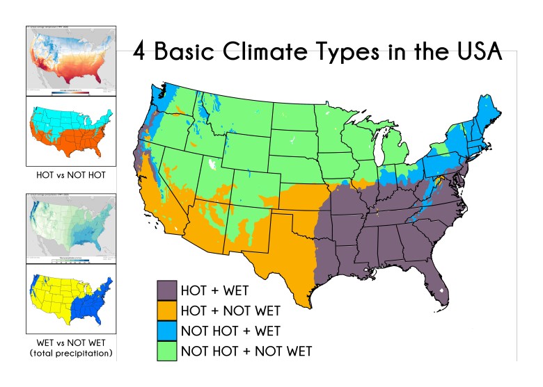 Strefy klimatyczne USA z podziałem na 4 główne, gdzie jest gorąco i mokro, 1991-2020