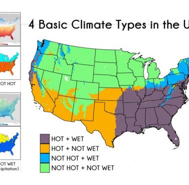 Strefy klimatyczne USA z podziałem na 4 główne, gdzie jest gorąco i mokro, 1991-2020