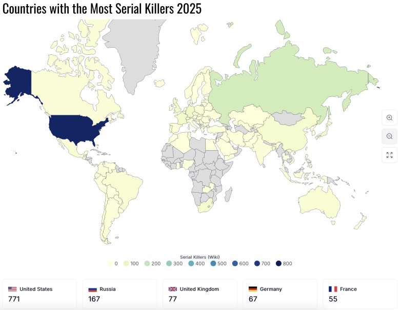 Kraje z największą liczbą seryjnych morderców, 2025