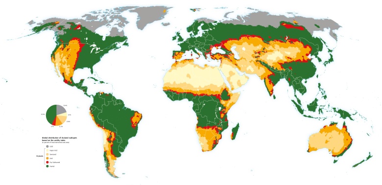 Globalne rozmieszczenie podtypów suchych terenów na podstawie wskaźnika jałowości. Michael Cherlet et al., 2018