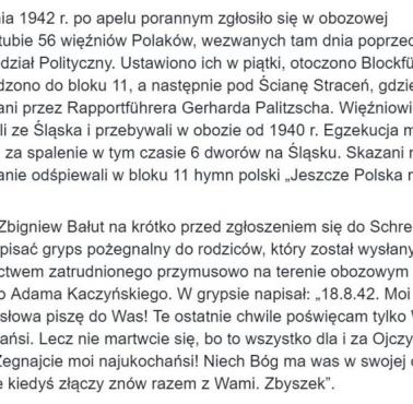 18 sierpnia 1943, na dziedzińcu bloku 11 w Auschwitz rozstrzelano 56 Polaków. Zbigniew Bałut napisał przed śmiercią wiadomość