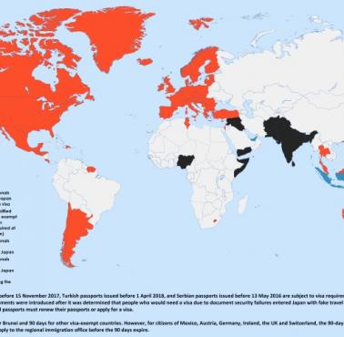 Kraje, które są dopuszczone do ruchu bezwizowego w Japonii. Polityka wizowa Japonii