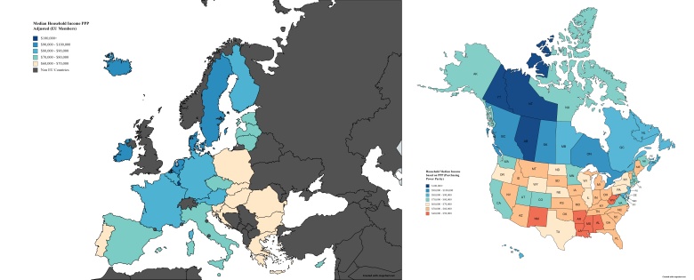 Mediana rocznego dochodu netto w każdym stanie USA, Kanadzie i Europie po opodatkowaniu