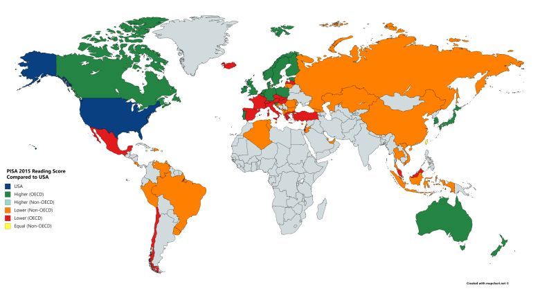 Wyniki PISA - ocena umiejętności czytania uczniów, którzy ukończyli 15. rok życia (dane za 2015 rok)