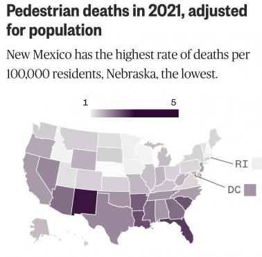 Stany USA według liczby ofiar śmiertelnych wśród pieszych na 100 tys. mieszkańców w 2021 r.