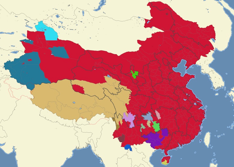 Mapa etniczna Chin (przedstawiająca większość etniczną w każdym podokręgu drugiego stopnia)