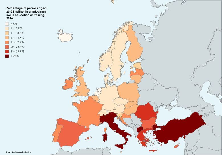 Odsetek osób w wieku 20-24 lat w Europie, które się nie uczą i są bez pracy, 2016