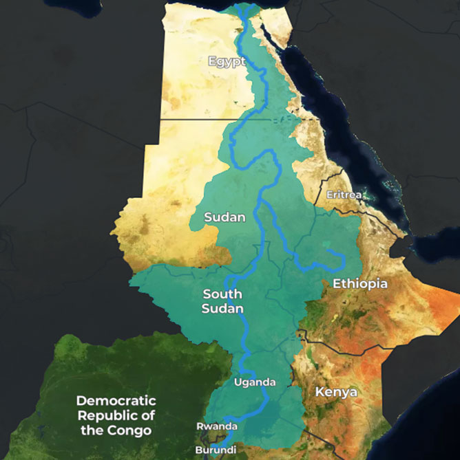 Mapa dorzecza Nilu. W dorzeczu Nilu mieszka 280 milionów ludzi z 11 krajów