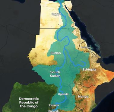 Mapa dorzecza Nilu. W dorzeczu Nilu mieszka 280 milionów ludzi z 11 krajów