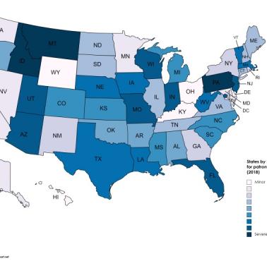 Stany USA według najsurowszych kar za korzystanie z usług prostytutki, 2018