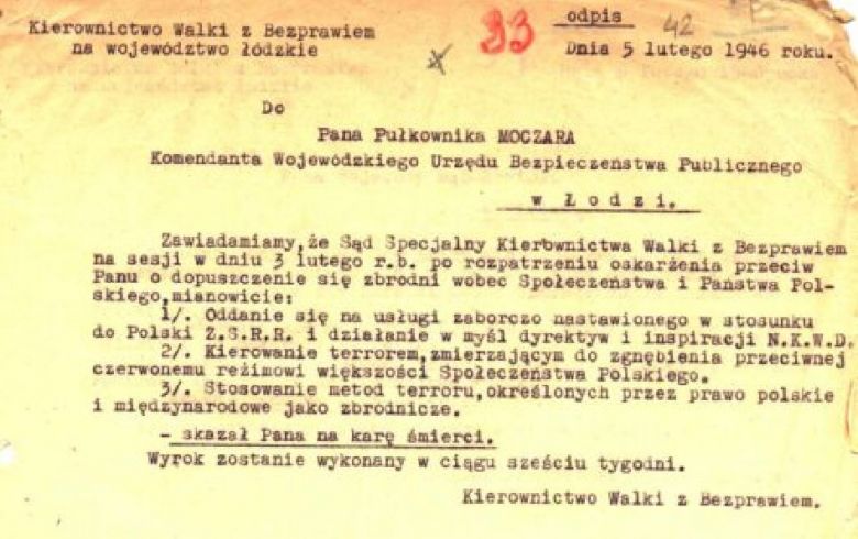 Wyrok na Moczara, wydany przez Kierownictwo Walki z Bezprawiem, powołane przez por. Stanisława Sojczyńskiego Warszyca