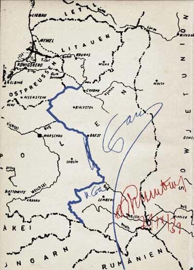Mapa podziału Polski w tajnym załączniku rozpoczynającego II wojnę światową paktu Ribbentrop-Mołotow