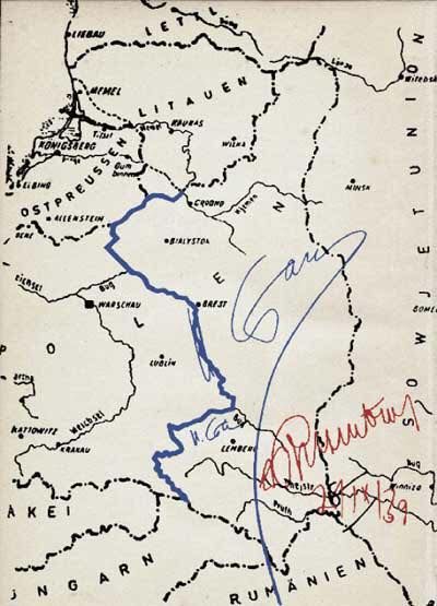 Mapa podziału Polski w tajnym załączniku rozpoczynającego II wojnę światową paktu Ribbentrop-Mołotow