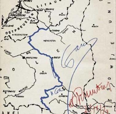 Mapa podziału Polski w tajnym załączniku rozpoczynającego II wojnę światową paktu Ribbentrop-Mołotow