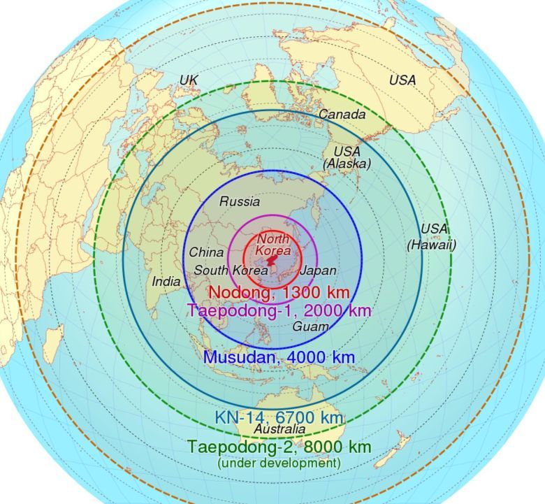 Zasięg pocisków balistycznych Korei Północnej (ICBM)