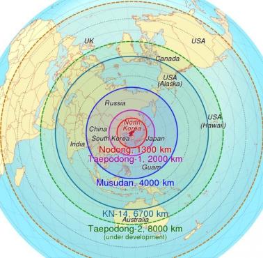 Zasięg pocisków balistycznych Korei Północnej (ICBM)