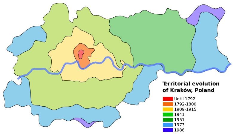 Zasięg Krakowa od 1792 do 1986