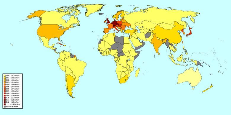 Gęstość sieci kolejowej w poszczególnych państwach świata, dane 2016