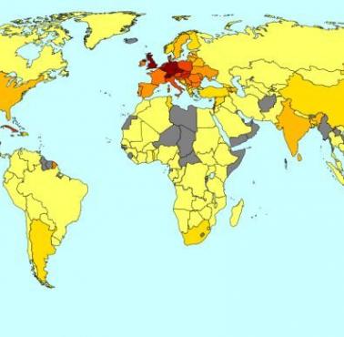 Gęstość sieci kolejowej w poszczególnych państwach świata, dane 2016