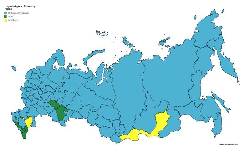 Największe religie w Rosji według regionów
