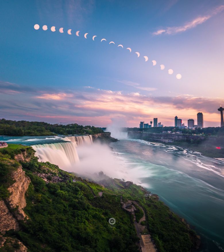 Częściowe zaćmienie Słońca zrobione nad Wodospadem Niagara