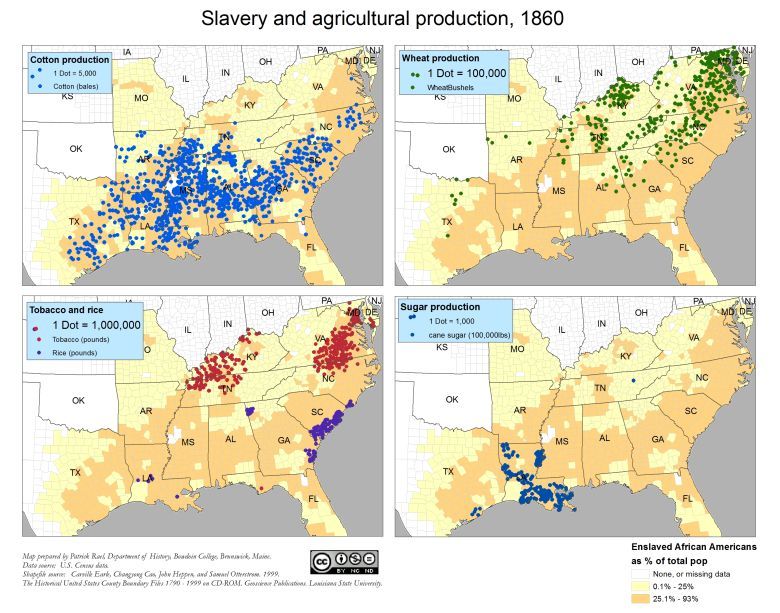 Produkcja bawełny, pszenicy, tytoniu, ryżu i cukru w odniesieniu do niewolnictwa w USA, 1860 